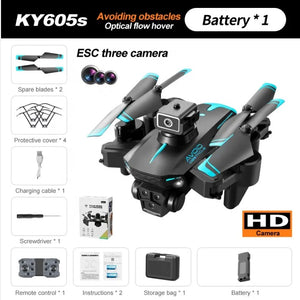 KY605S RC Drone 8K Professional With Three Camera Wide Angle Optical Flow Localization Four-way Obstacle Avoidance Drone (Only Black Yellow color)